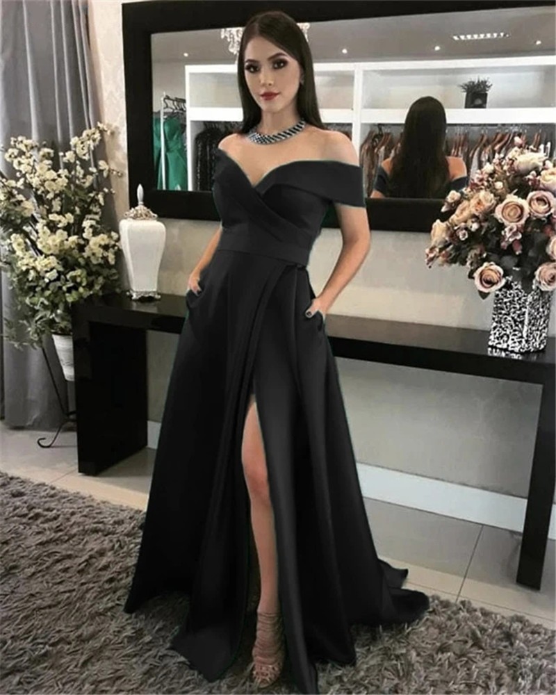 

Black Off Shoulder Stain Evening Dresses With Pockets 2020 Side Split Formal Prom Party Gowns vestido de noite Custom Cheap