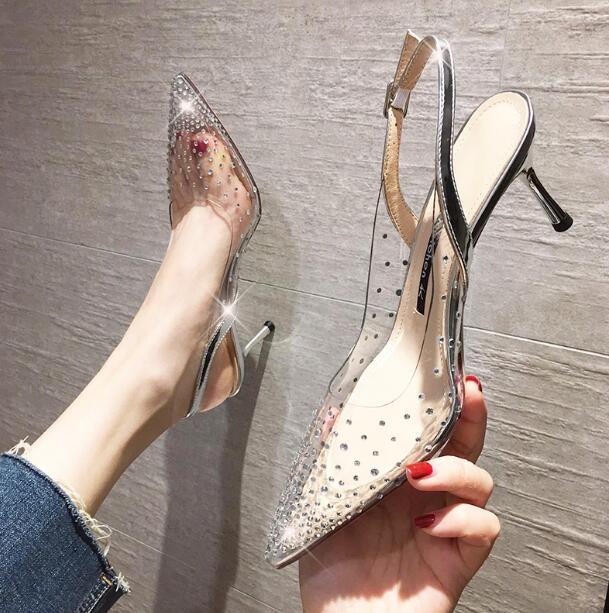 Mode Femmes Transparent sandales à talons hauts Bouts Pointus Strass Chaussures De Fête De Mariage Bouche Peu Profonde 7cm Designer lady Sexy pom