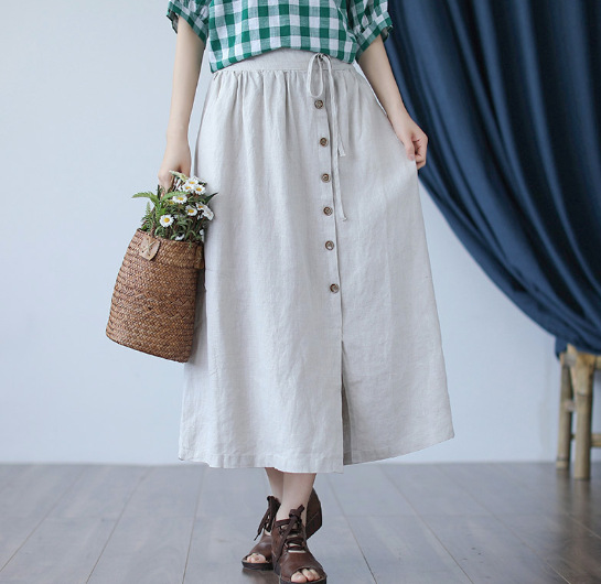 

Summer Skirt Women Retro Elastic Waist Drawstring Split the fork Skirt 2020 New Casual pocket Button Ladies All-match, Blue