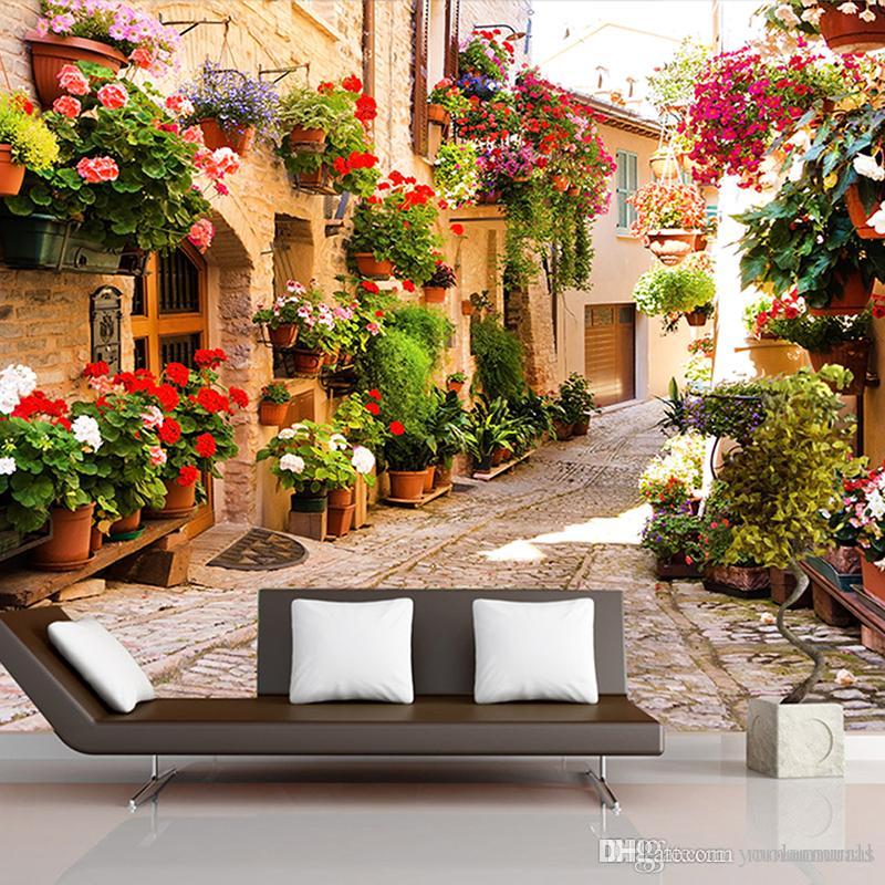 

3D Wall Mural Ameirican Euroupen Town leisure Style Pastoral Town Road House With Flowers For Living Room TV Sofa Backdrop 3d wallpaper, As shown