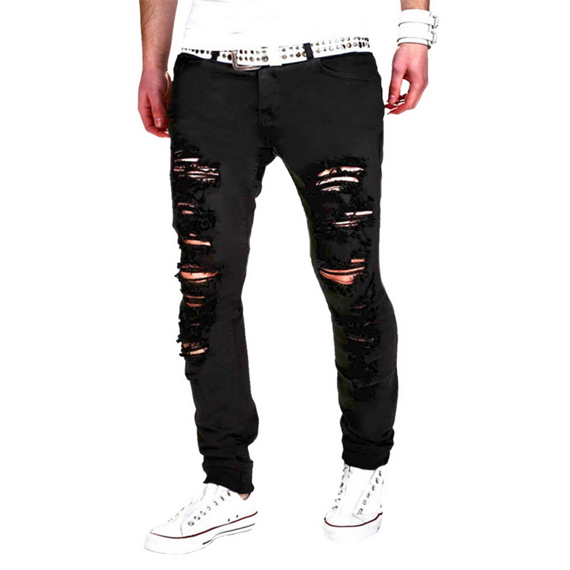 

Fashion Solid White Jeans Men Sexy Ripped Hole Distresses Washed Skinny Jeans Male Casual Outerwear Hip Hop Pants 2020, Black