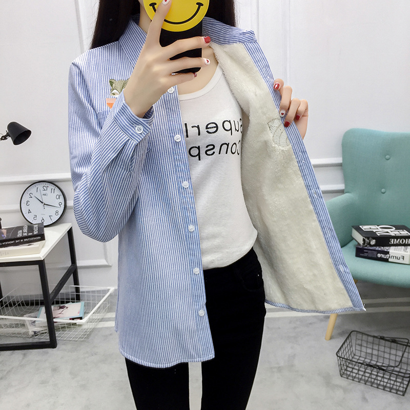 

Inverno de veludo Grosso Quente blusa Feminina listrado escritório Camisa Feminina manga Longa Senhora topos Raposa bordado algo, Beige