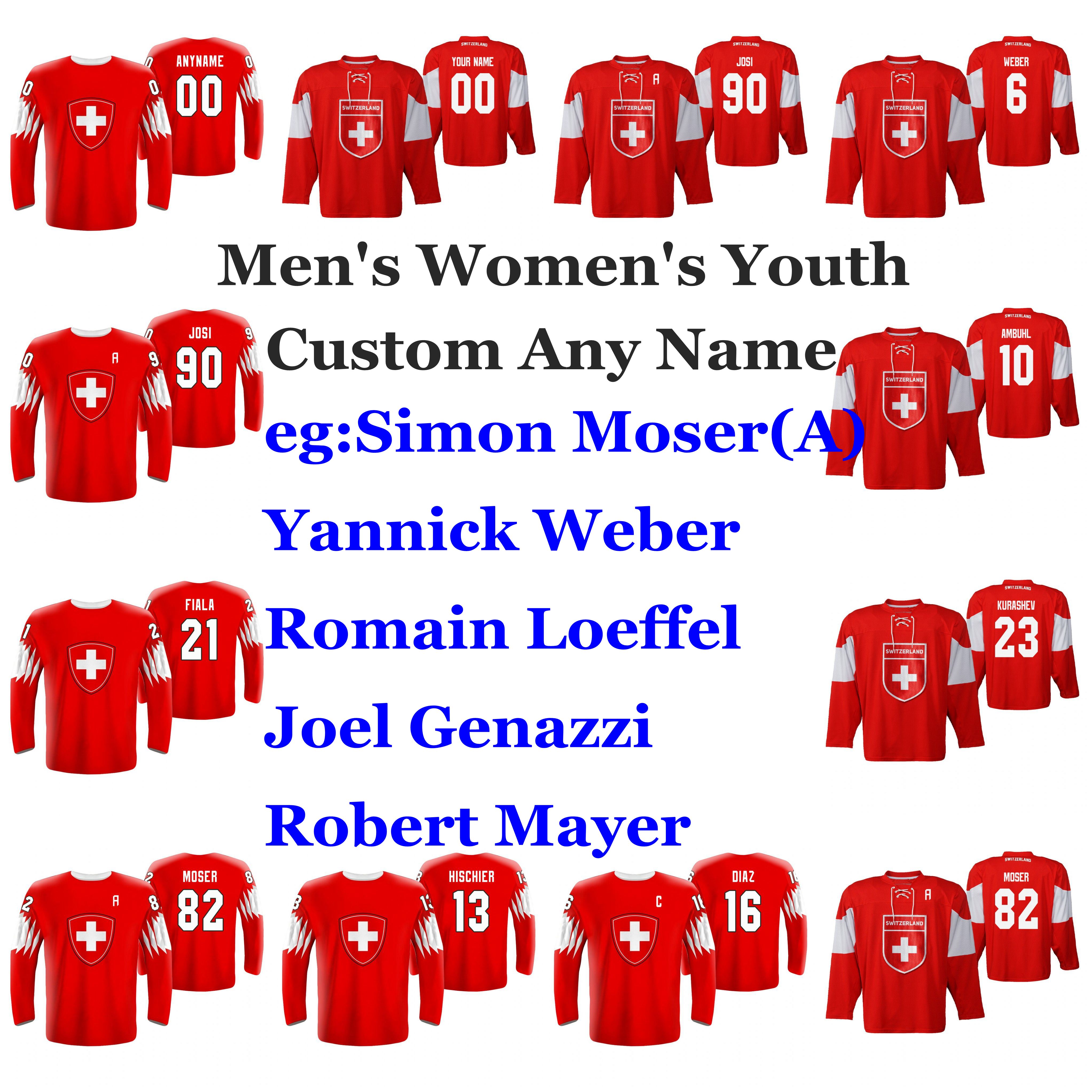 

Switzerland 2019 IIHF World Championship Hockey Jerseys Philipp Kurashev Jersey Andres Ambuehl Noah Rod Reto Berra Kevin Fiala Custom Stitch, Womens red switzerland