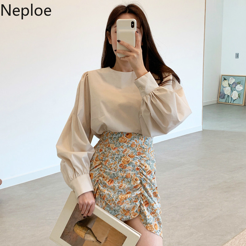 

Neploe Blouse Women Solid Korean O Neck Lantern Sleeve Office Lady Blusa Shirts Spring 2020 Fashion Casual Female Tops 1B171, Skirt