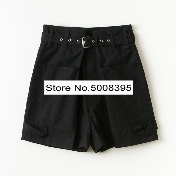 

[ElfStyle] - Woman Fashion Summer Short Cotton Shorts High Waist Buckle Belt Sides pockets Baggy Shorts 2020, Black