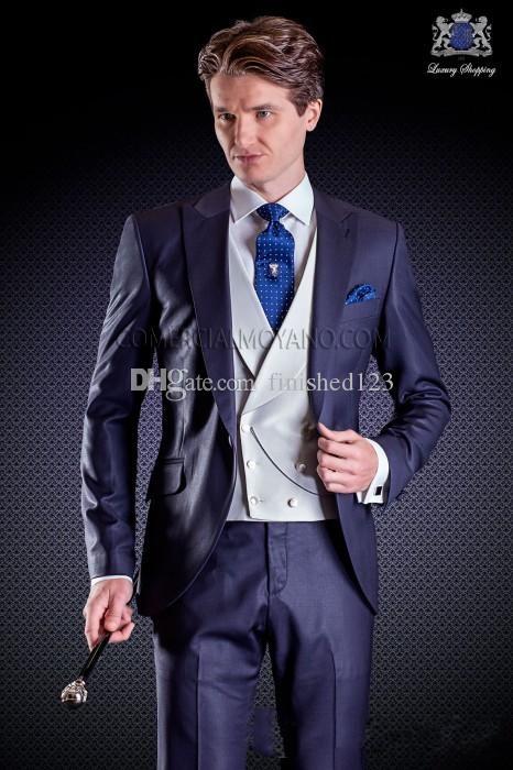 

New Popular One Button Navy Blue Wedding Groom Tuxedos Peak Lapel Groomsmen Men Formal Prom Suits (Jacket+Pants+Vest+Tie) W219, Same as image