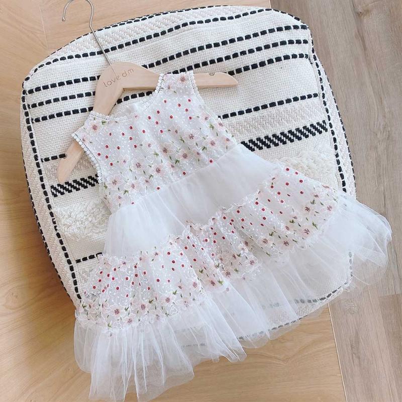 

Halilo Children Dress Sleeveless Flower Embrodiery 1st Birthday Baby Girl Clothing Back To School Kids Summer Dresses, White