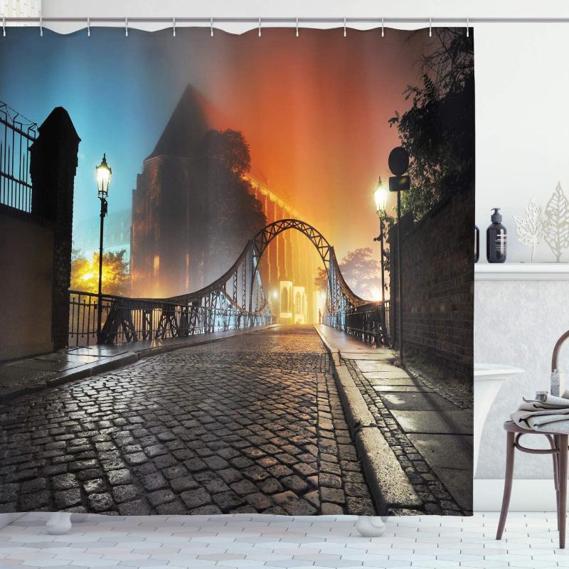 

Apartment Decor Shower Curtain Set Modern City Bridge at Night with Mystical Lights Illumination Sightseeing Urban Photo