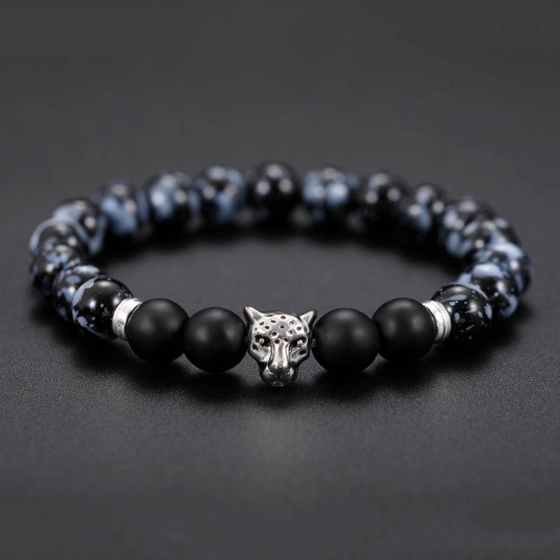 Nouveau Bracelet à brins de perles breloque tête de léopard animé plaqué argent Antique à la mode