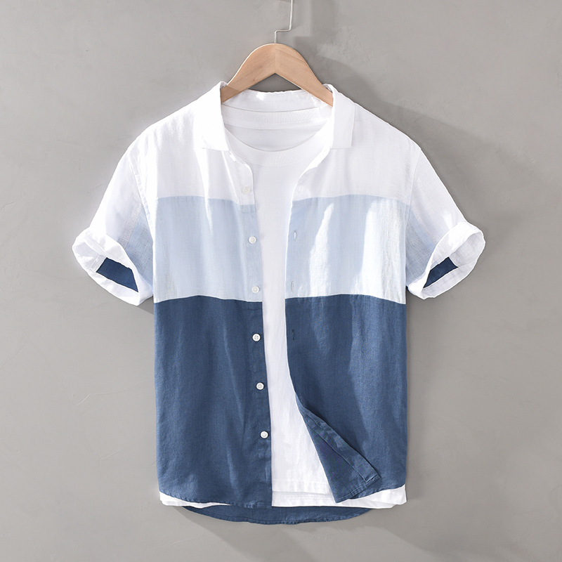 

Men Summer Fashion Japan Style Simple Harakuju High Quality 100% Linen Fabric Gradient Patchwork Short Sleeve Casual Slim Shirts, As picture