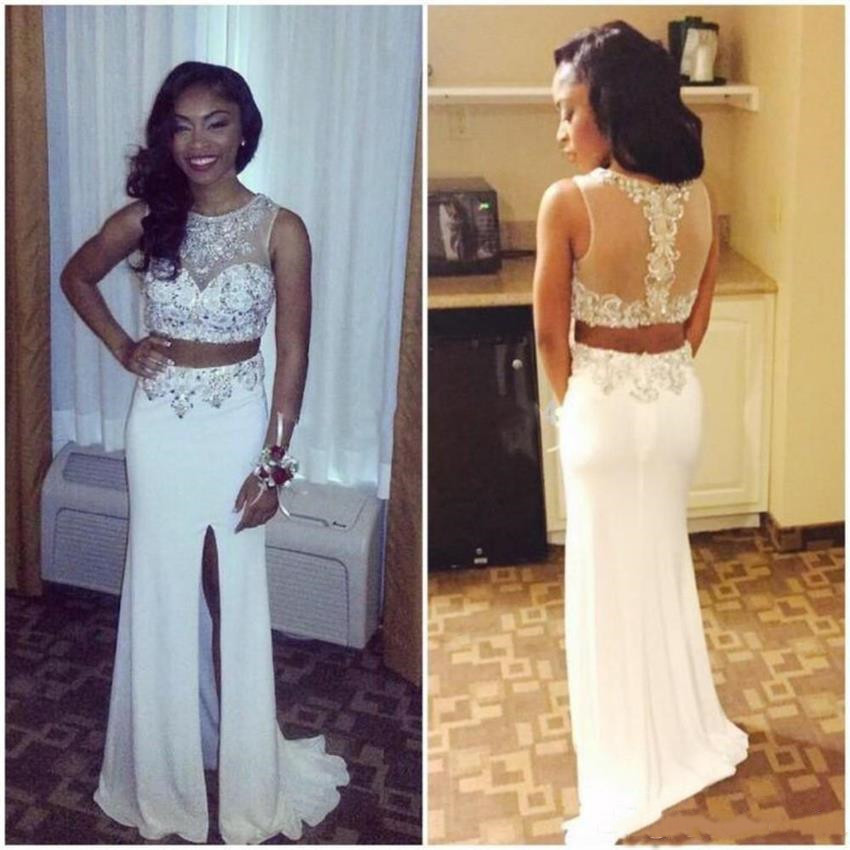 Sexy Deux Pièces Slit côté Robes de bal en mousseline de soie robe de soirée en cristal Robe de soirée formelle Parti arabe Robes