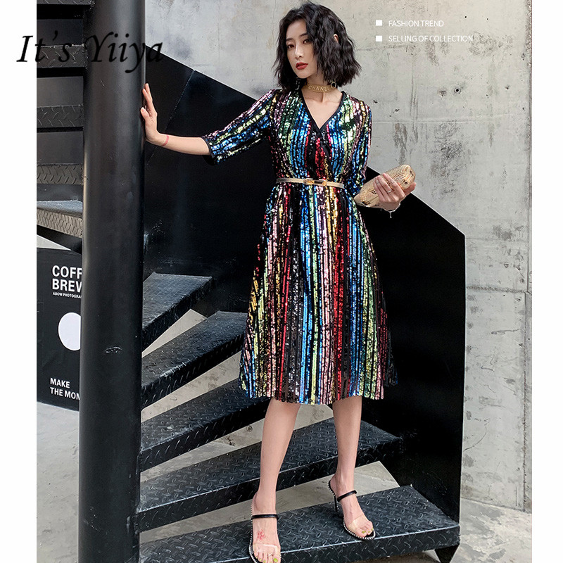 

It's YiiYa Cocktail Dress 2019 Elegant V-Neck Ball Gown for Plus Size Women Half Knee-Length Sequin Robe Cocktail Gowns E808, As picture