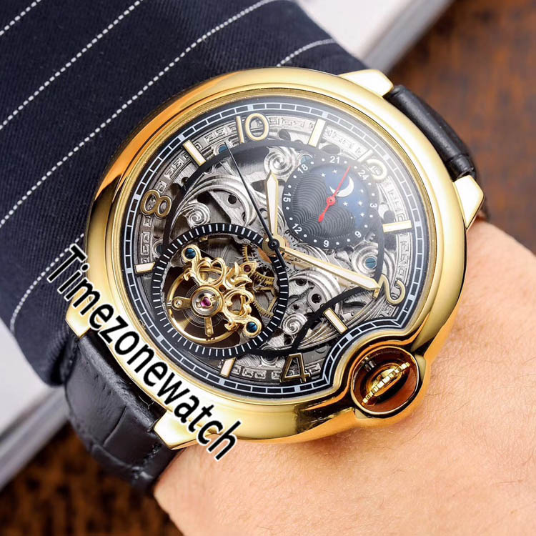 

New 42mm Tourbillon Automatic Mens Watch Yellow Gold Black Skeleton Dial Moon Phase Black Leather Strap Watches Timezonewatch E108a1, Customized waterproof service