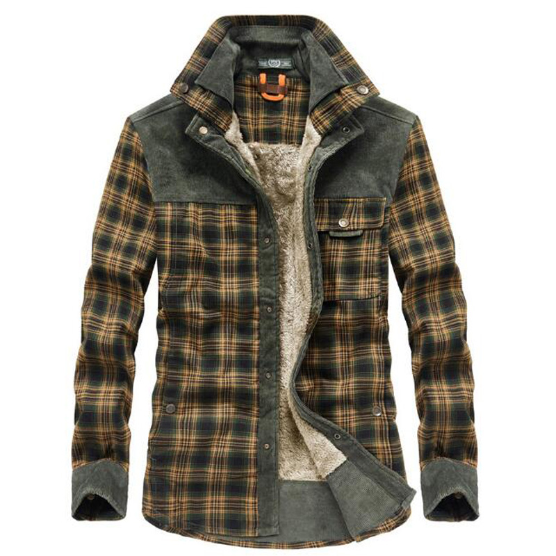 

New Winter Plaid Fleece Shirt Men Cotton Casual Long Sleeve Shirts Outerwear Thick Warm Autumn Shirt Chemise Homme, Brown