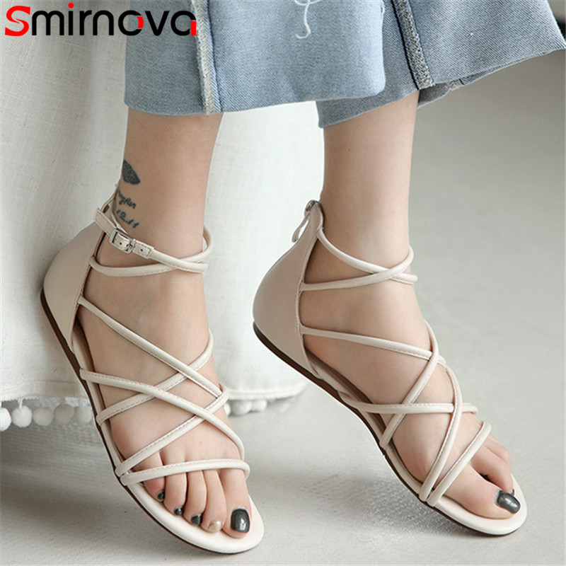 

Smirnova 2020 top quality flat shoes women sandals top quality genuine leather buckle zip snake summer casual shoes ladies, Beige