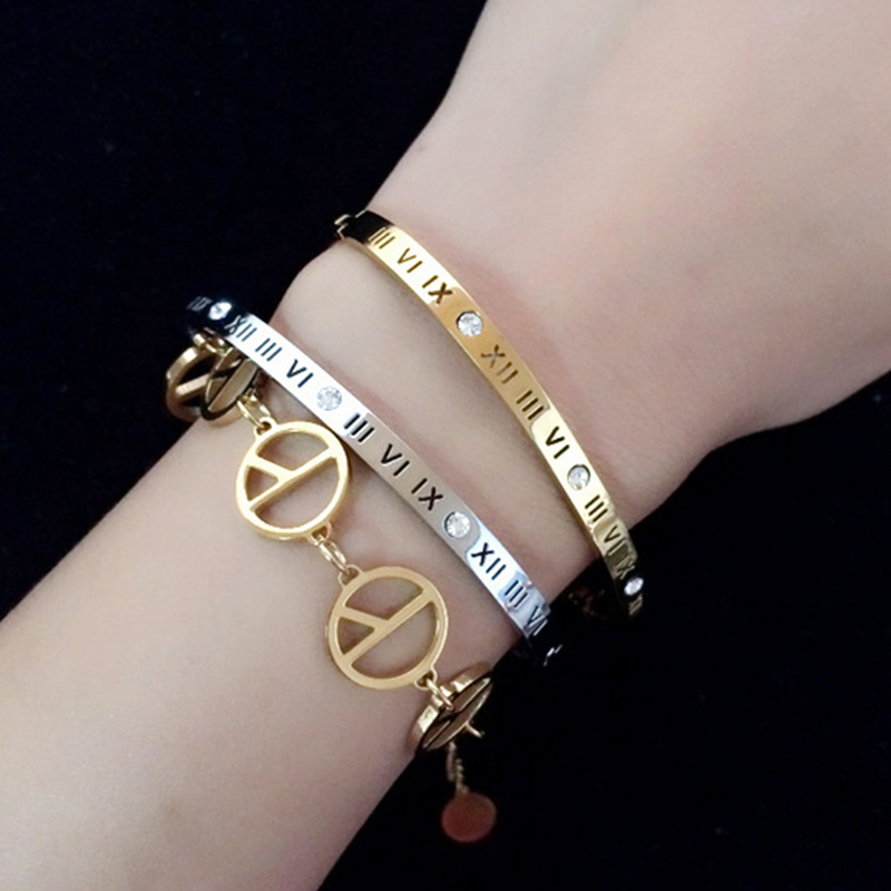 

Rome Luxury Famous Jewelry Rose Gold Titanium Steel Bracelets & Bangles Female Crystal Party wedding Bracelet Charm Bracelet For Women