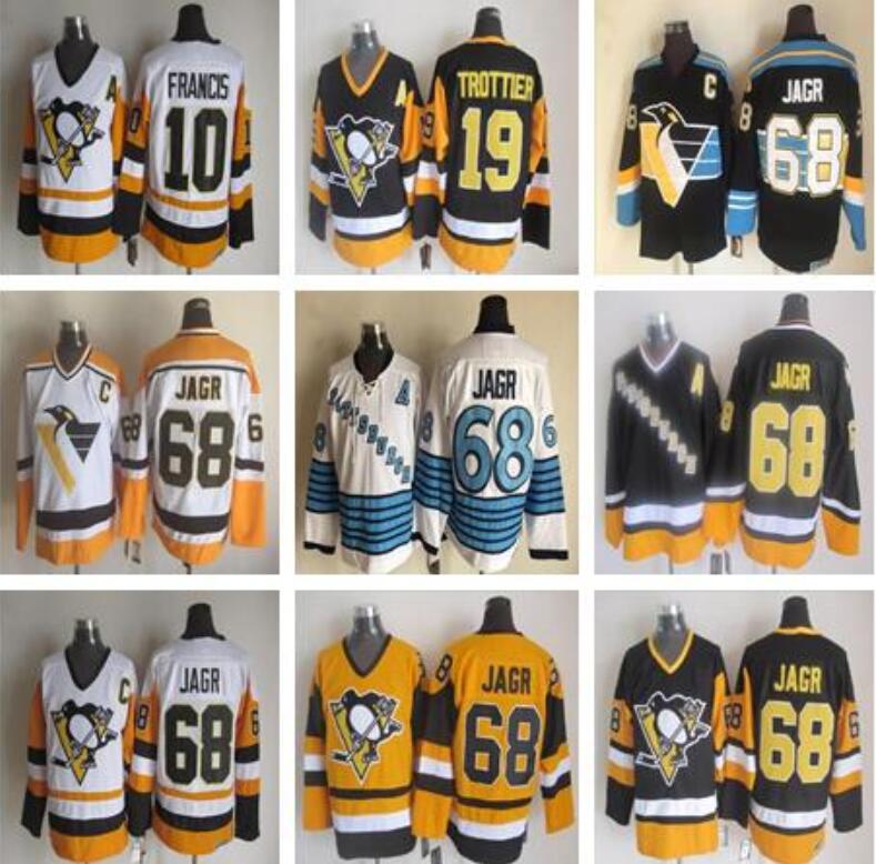 

Pittsburgh 10 Ron Francis Penguins Jerseys Men 19 Bryan Trottier 68 Jaromir Jagr Vintage cheap CCM Hockey Jersey, Black;red