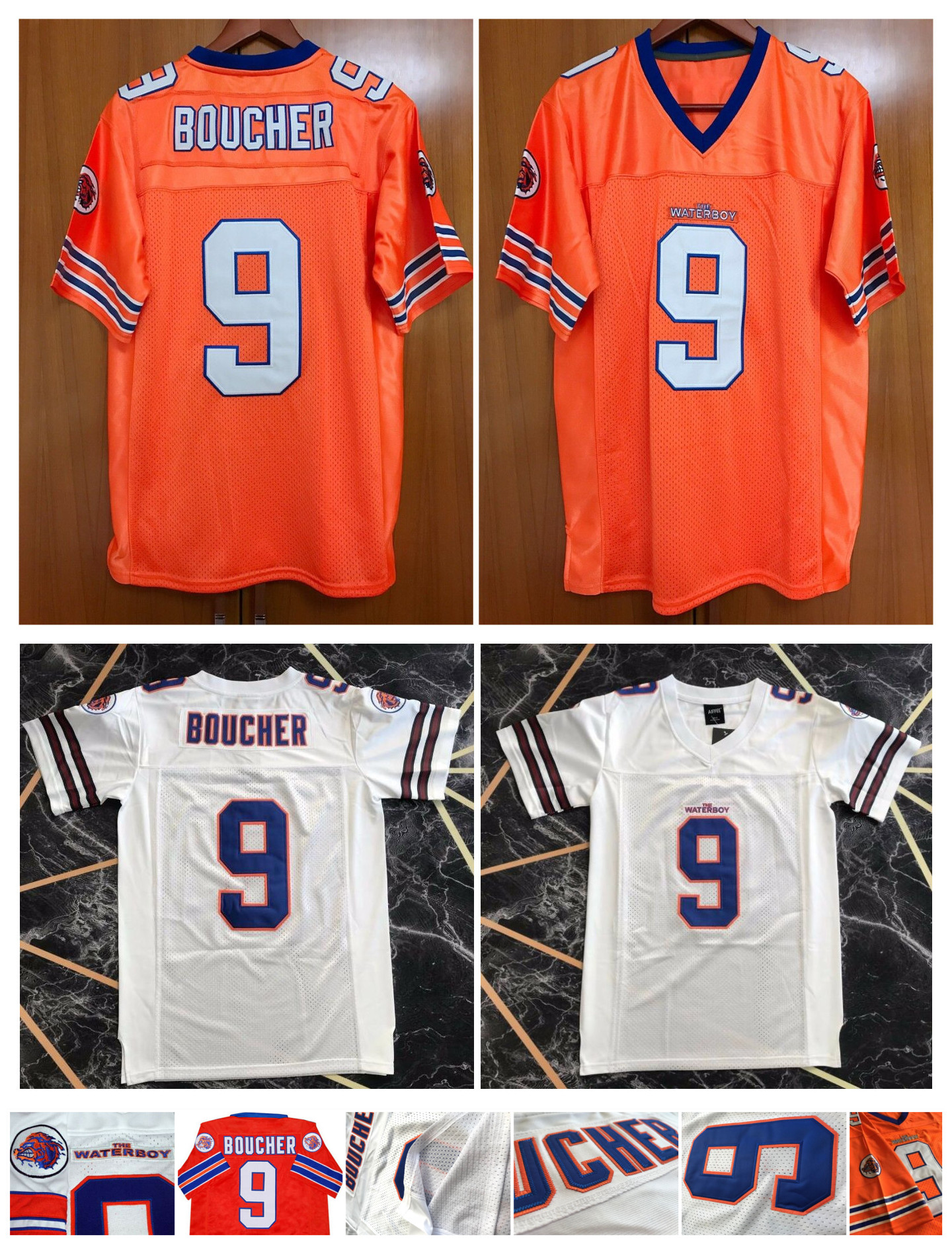 

Cheap Waterboy Movie Jerseys #9 Bobby Boucher Jerseys Orange White Blue Authentic Stitched Football Embroidery Logos Top Quality