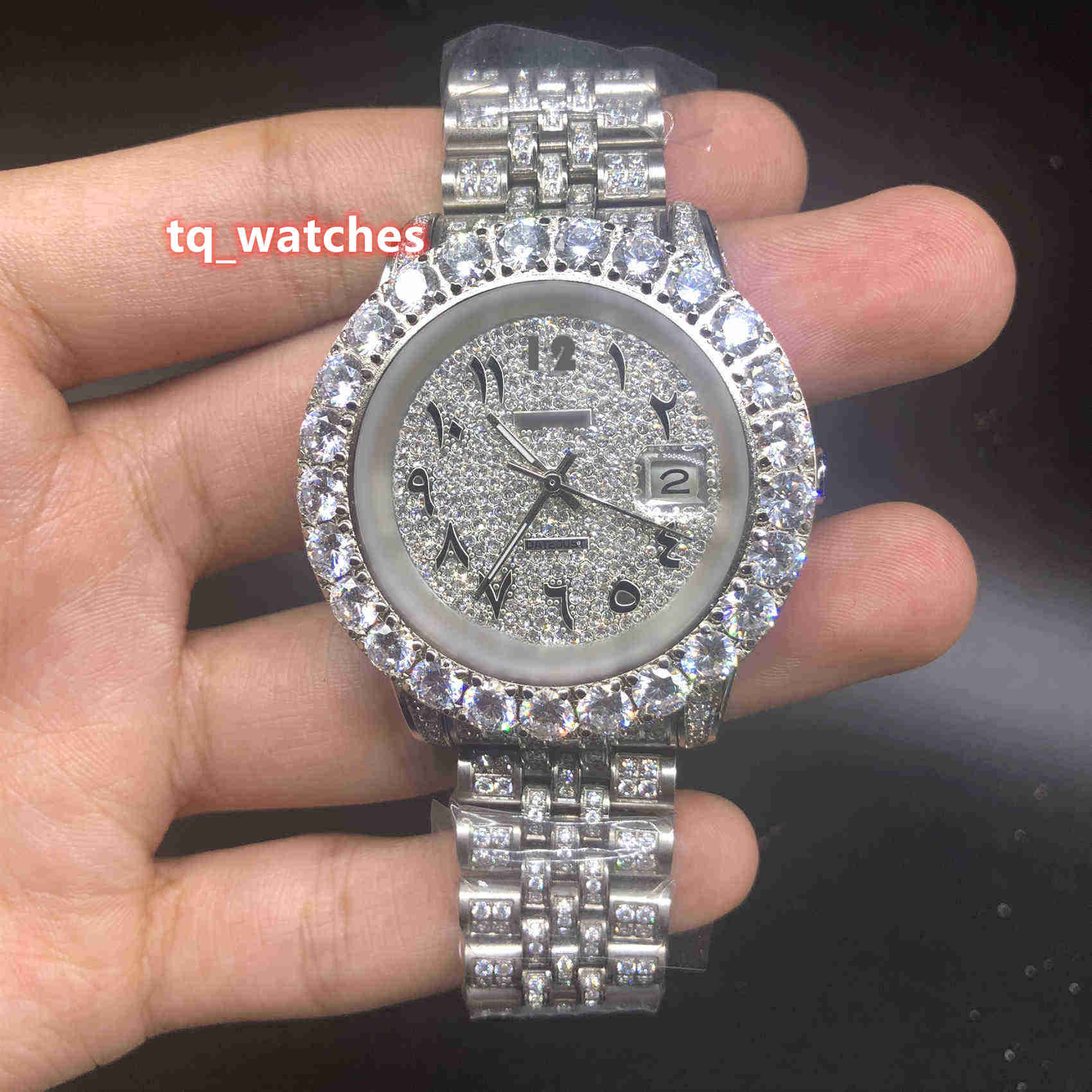 

Prong Set Diamond Men's Watch Silver Stainless Steel Case Strap Watches Arabic Digital Scale Automatic Mechanical Wristwatch