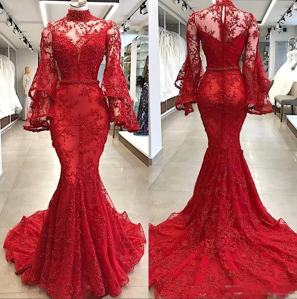 

Luxury Crystal Beaded Mermaid Evening Dresses Long Sleeve High Neck Muslim Kaftan caftan Prom Dress Dubai Arabic Red Lace Pageant Gowns, Dark green