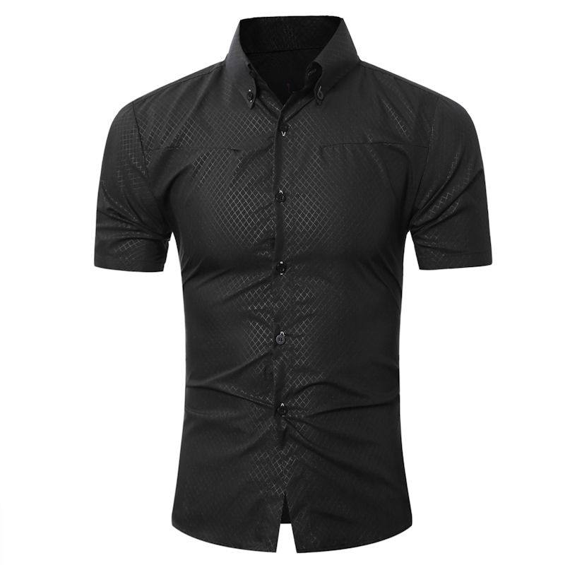 

Fashion Male Hawaiian Shirt Short-Sleeves Tops Small Grid Solid Color Mens Dress Shirts Slim Men Shirt 5XL, Deep blue