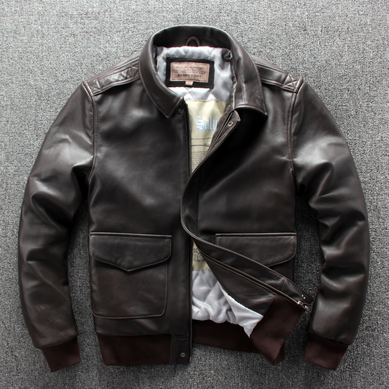 

Men' A2 winter jacket new zealand sheepskin American flight coat men pattern cotton liner pilot jacket male, Brown