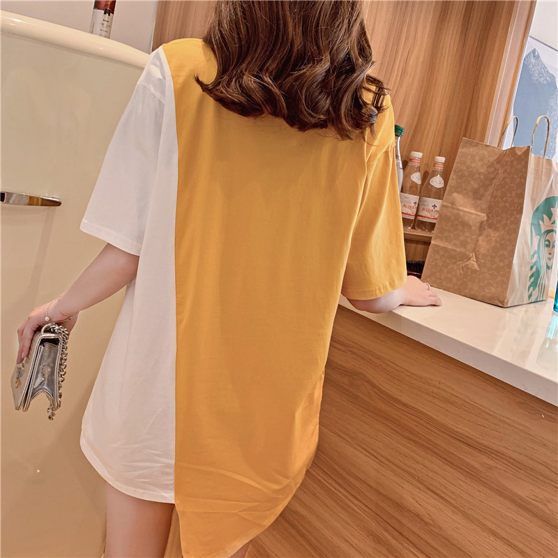 

new spring summer 2020 Harajuku T-shirt large size women's long stitching loose printing Letter Tops Female Short sleeve Tee, Blue
