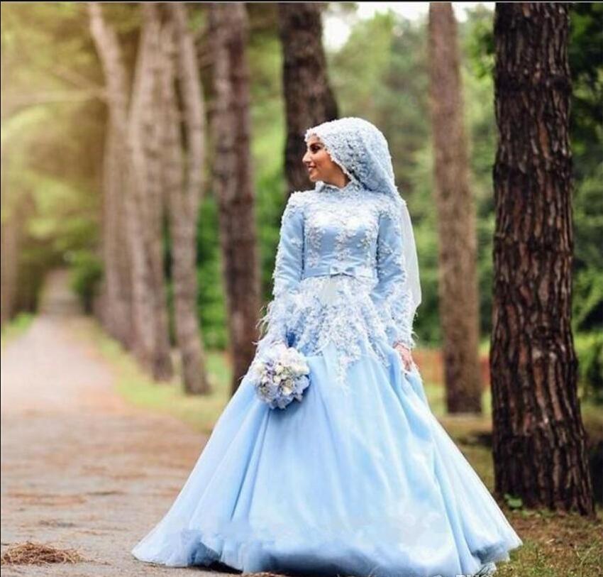 

Muslim Hijab Wedding Dress with Veil High Neck Long Sleeve Light Sky Blue Appliques Lace A Line Modest Bridal Gowns Customize Plus Size, Champagne