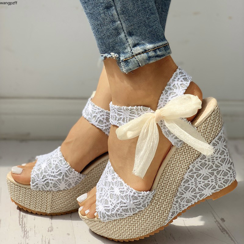 

Female Straw Fashion Shoes Sandalias New 2020 Women Wedge Platform High Heel Sandals Summer Ladies Lace Peep Toe Ankle Strap, Gold