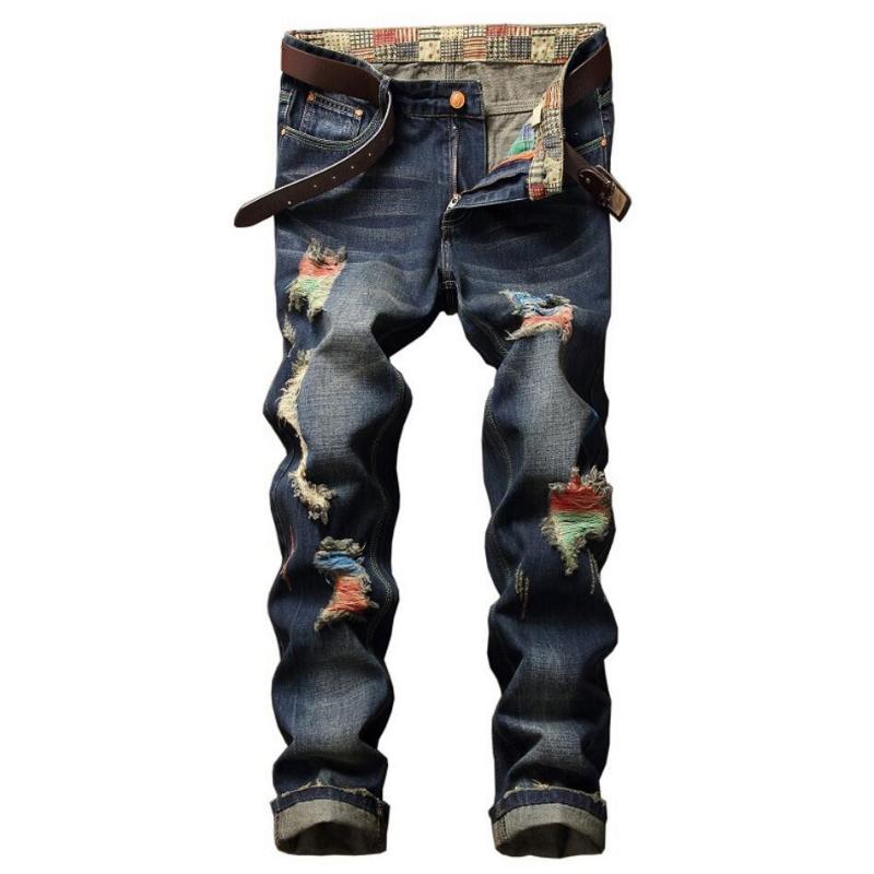 

Men's Jeans EL BARCO Cotton Ripped Holes Hip Hop Denim Men Autumn Streetwear Scratched Fashion Male Pants Soft Vintage Slim Trousers, Dark blue 181