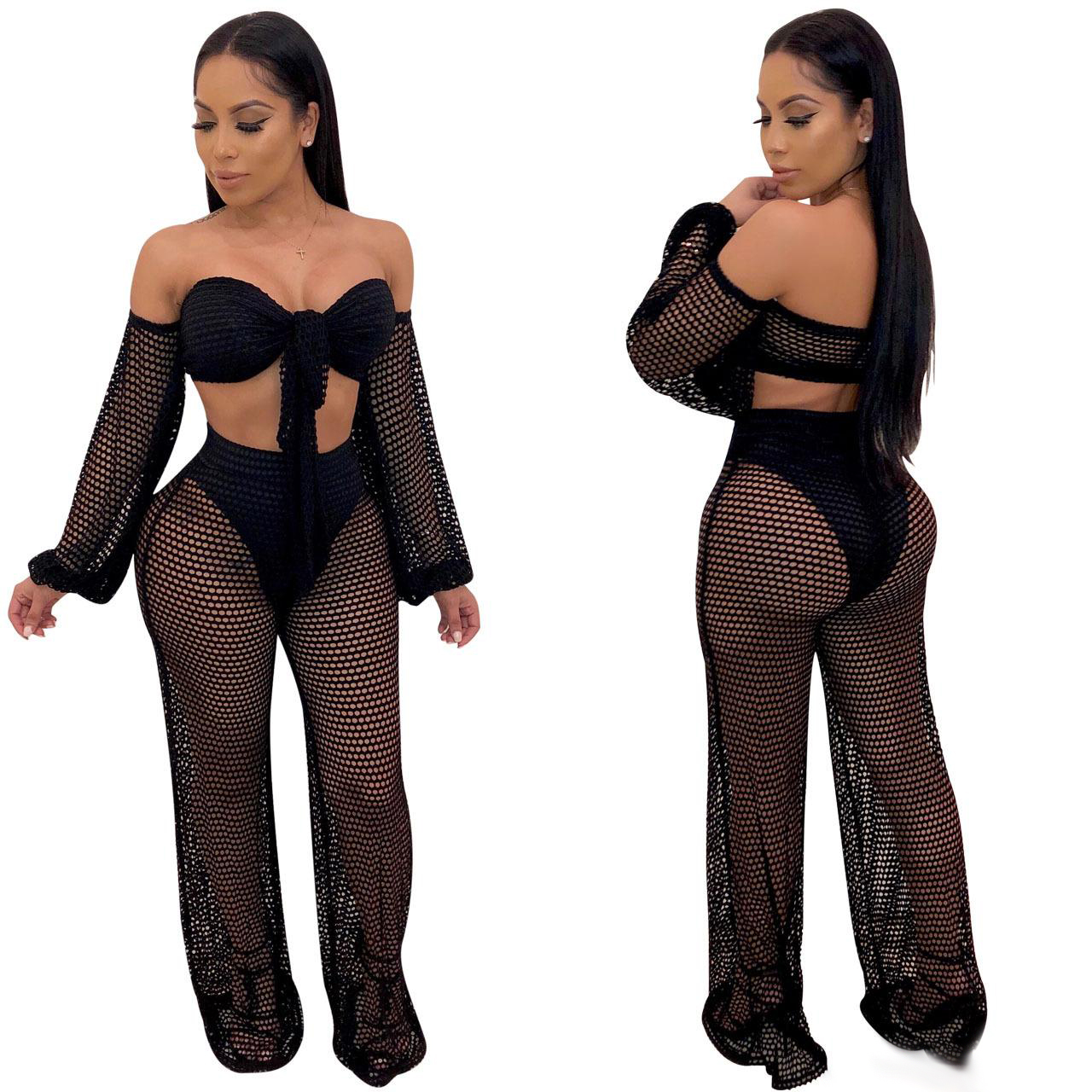 

2021 Designer Women Lantern Outfits Summer Sets Hollow Wide Leg Pants 2 Clothes Sleeve Mesh Out Piece Wrap Beachwear Chest Miwqg, Black;gray