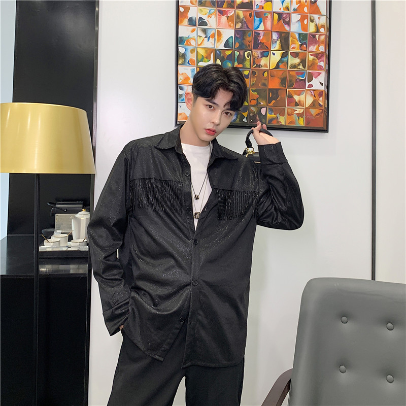 

Male Women Streetwear Hip Hop Punk Shirts Stage Outerwear Men Long Sleeve Metal Tassel Loose Casual Shining Shirt Cardigan Coat, S34 black