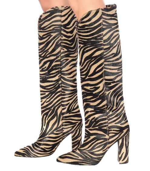 Neu Schwarz Weiß Zebra Druck mit Spikes Kniehohe Stiefel Kunstleder