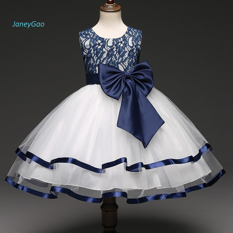 

JaneyGao 2019 New Arrival Flower Girl Dresses With Bow Blue Party Dress For Little Girl Pretty Elegant Formal Summer Gown