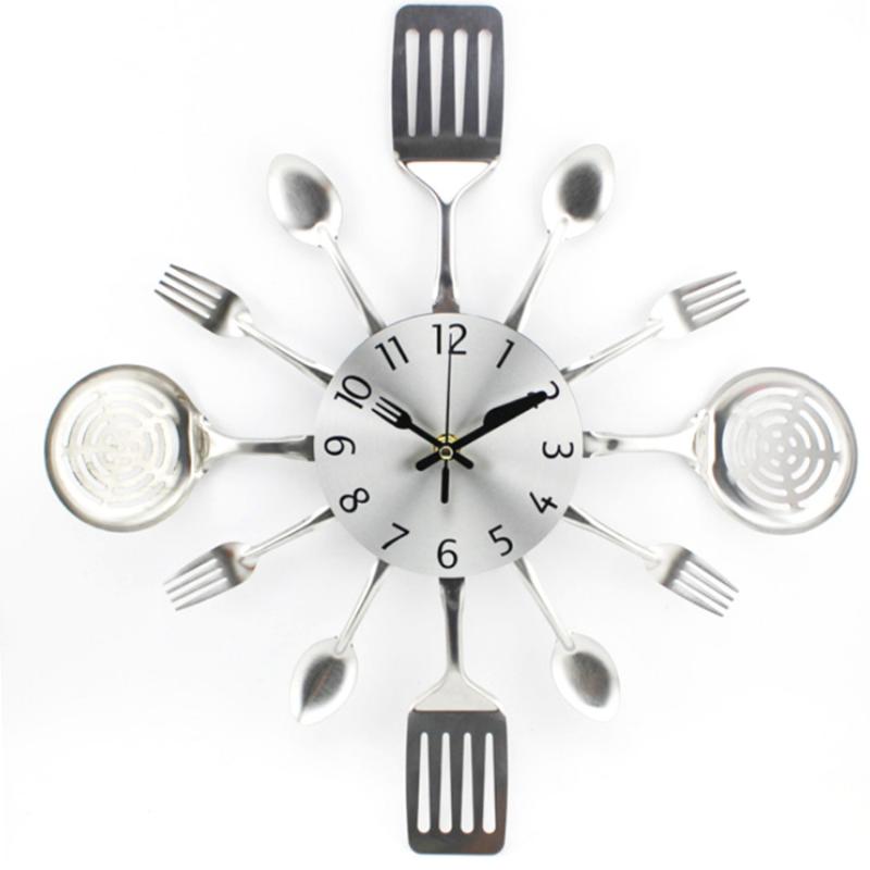 

Children Bedroom Modern Wall Clock Cute 3D Unique Silent Bedroom Utensils Silver Forks Spoons Spatulas Wall Clock Gift l