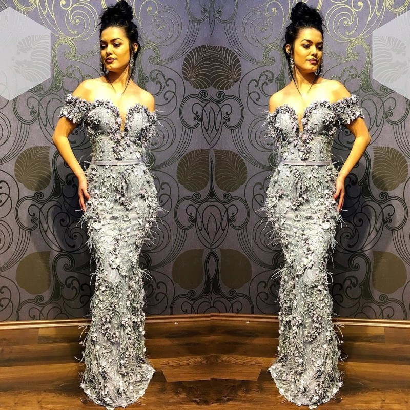 

Silver Elegant Mermaid Evening Gowns 2020 Formal Party Wear Prom Dress Off Shoulder Evening Dresses Abendkleider robe de soiree, Champagne