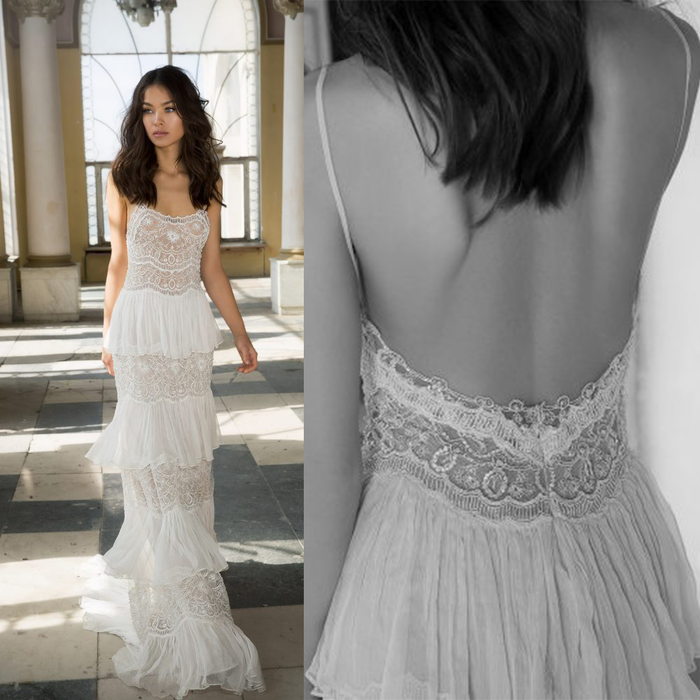 

Julie Vino Sheath Wedding Dress Spaghetti Lace Appliques Backless Tiered Skirts Wedding Dresses Floor Length Vestidos De Novia, Silver