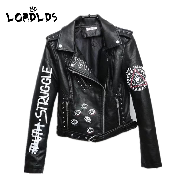

LORDXX Black Graffiti Leather Jacket Women 2019 New Spring Punk Moto Coat Cropped Faux Jackets with belt