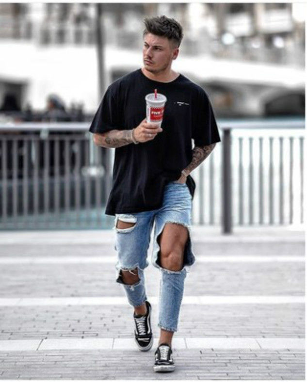 

Men' Designer Jeans with Big Holes Straight Leg Trousers, Loose-fitting Mid-waisted Pants and Funky Leg Trousers Pants with Zipper New, Blue