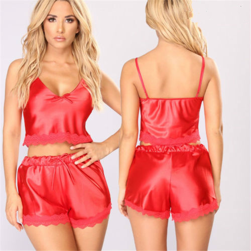 

Women Ladies Lace Satin Silk Pajama Set Nightwear Sleepwear Top Sleeveless Shirt Shorts 2pcs Summer Outfits