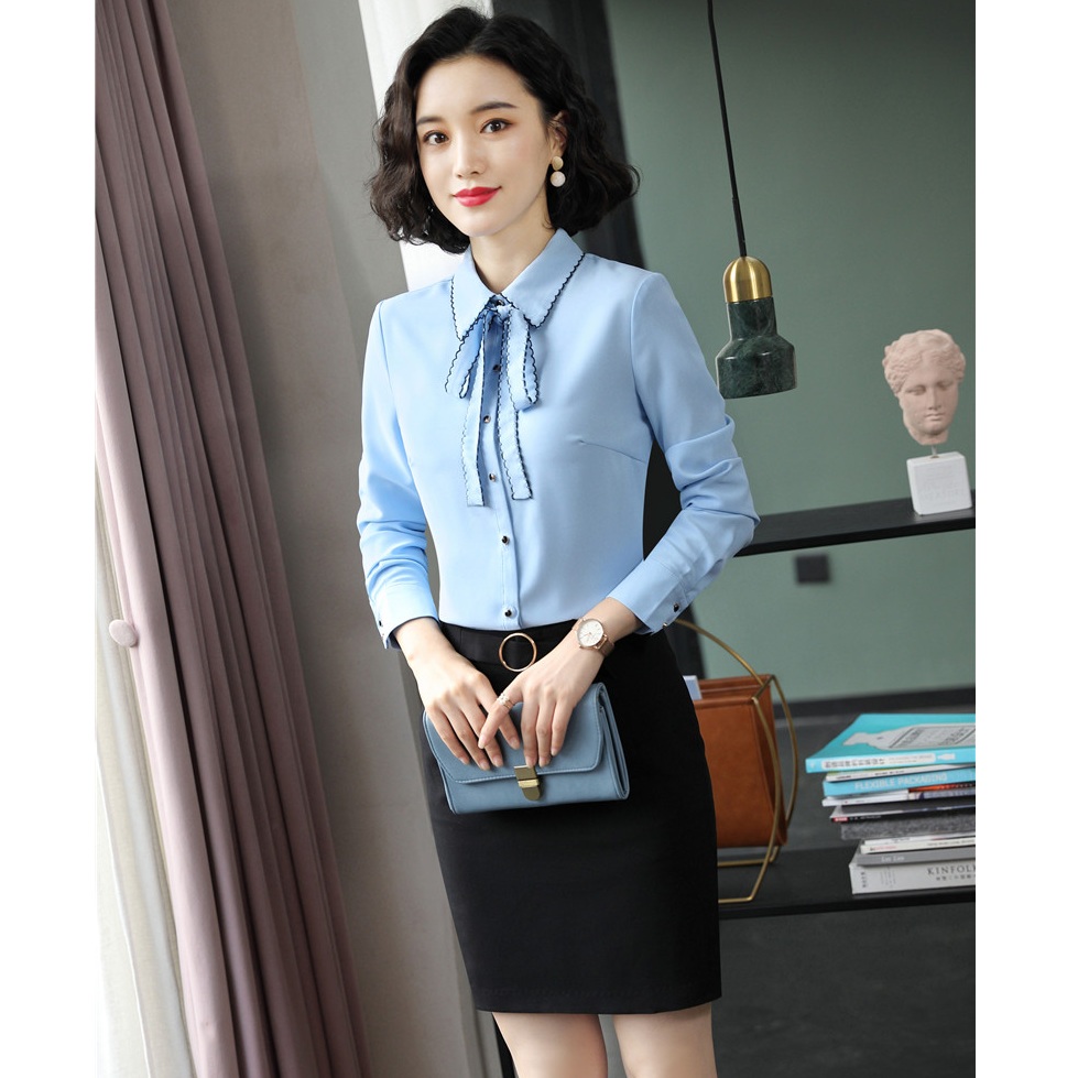 

Women' Blouses & Shirts Formal Ladies Blue Women 2 Piece Skirt And Top Sets Long Sleeve Office Business Suits, Blouse only