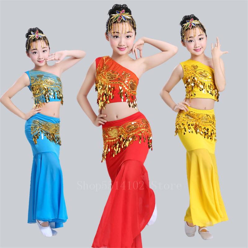 

Children Oriental India National Girl Sequins Shoulder Off Tail Belly Skirt Bellydance Costume Egypt Performance Pratice Clothes, Color 2