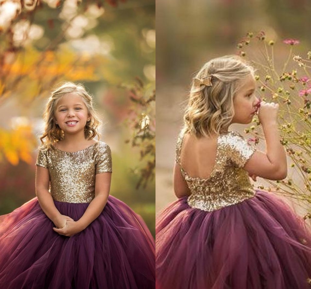 rose gold and burgundy flower girl dress