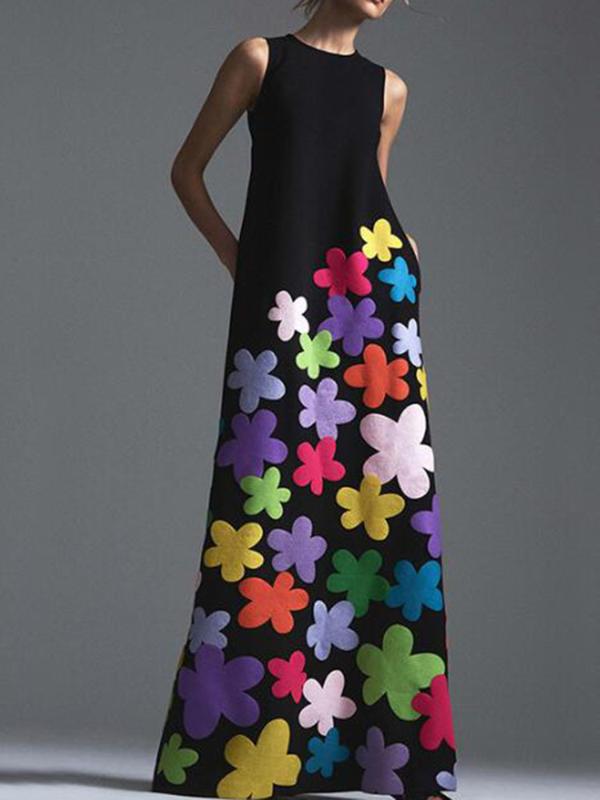 

new style bohemian Flower printing long cotton dress o-neck sleeveless big hem women autumn summer elegant casual dress product, Black