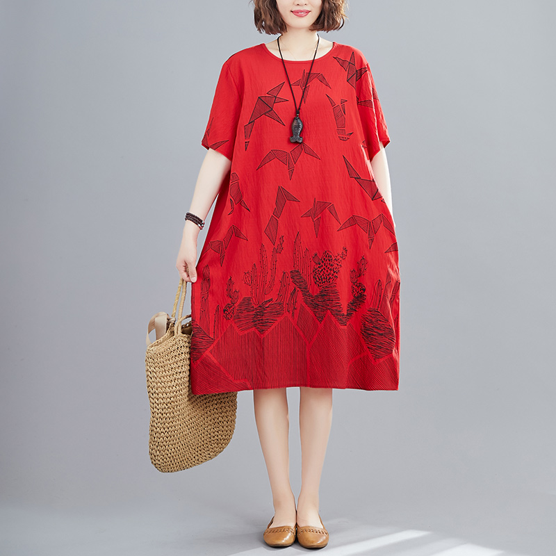 

New Summer Loose Short Sleeve Maternity Dress Chinese Style Vintage Printing Printing Pregnant Women Cotton Linen A-Line Dress, Black