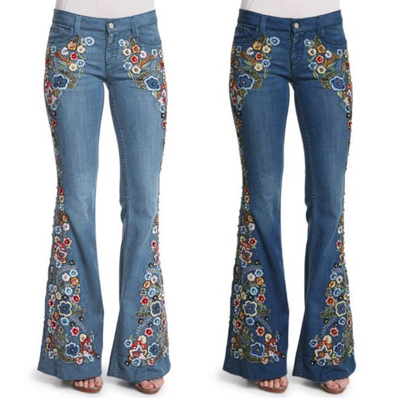 

Women Embroidery Flowers Destoryed Flare Jeans Button Waist Bell Bottom Denim Pants Autumn Winter Pants Trousers vintage blue, Light blue