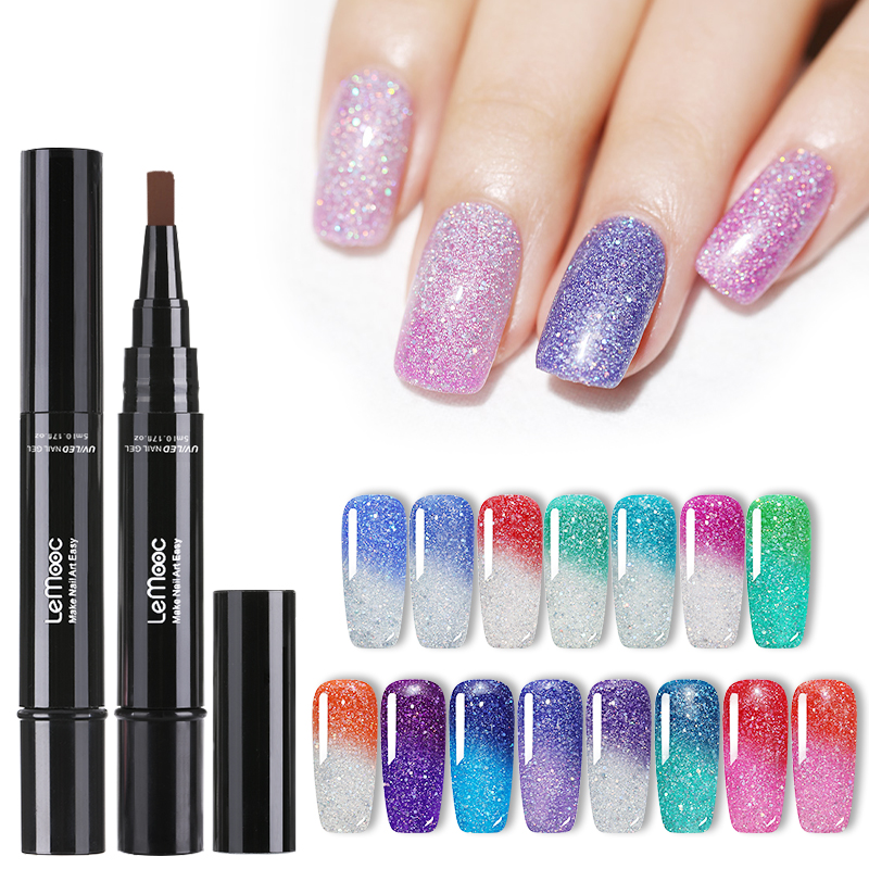 

LEMOOC 5ml Thermal Color Changing Nail Gel Polish Pen Vernis Semi Permanant UV Gel Rainbow Holographic Soak Off Varnish, Lm-010