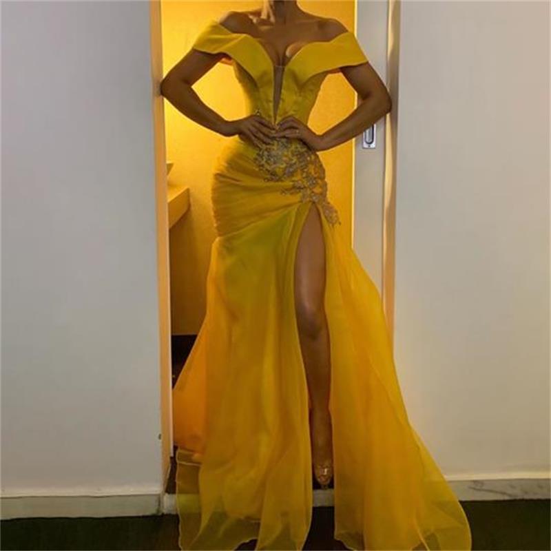 

Yellow High Slit Prom Dresses Beads Appliques Off The Shoulder Mermaid Evening Dress Custom Made Formal Gowns Robes De Soirée, Hunter