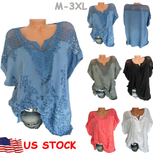 

Women's Blouse Tops Chiffon Mesh Lace Hollow Out Casual Short Sleeve Transparent Boho Womens Shirt 2019 Summer Fashion Shirts, Watermelon red