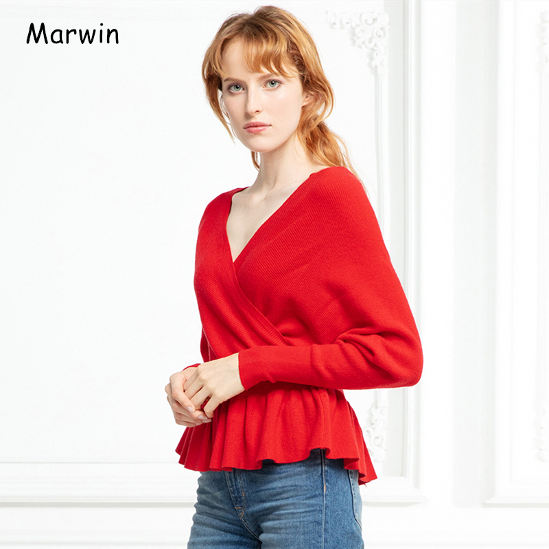 

Marwin 2019 New-Coming Autumn Winter Solid High Street Style V-Neck Ruched Criss-Cross Women Pullovers Female Sweaters, Beige